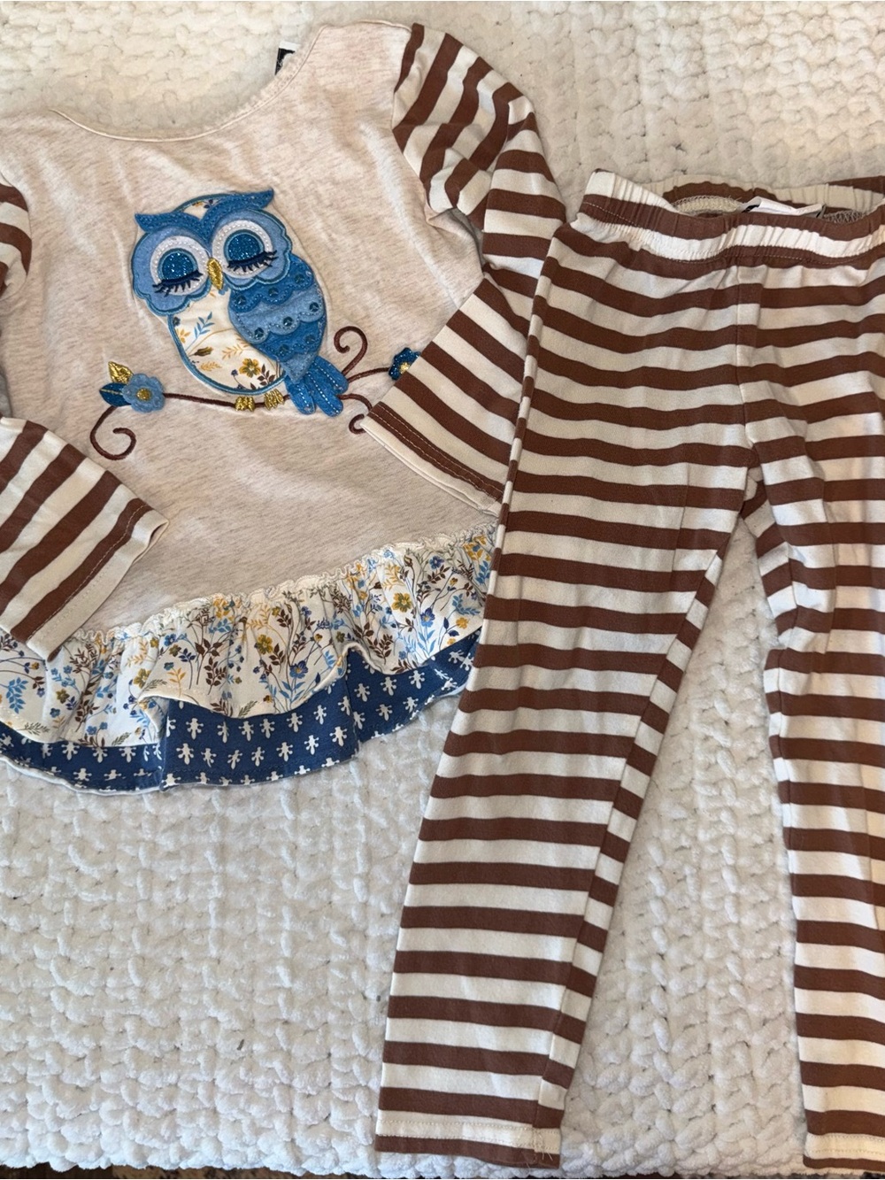 Girls Brown Stripe Owl Set - Blue Owl Accent